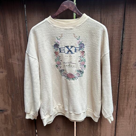 Vintage Tops - Vintage Express Floral Embroidered Terry Sweatshirt Cream Size Large